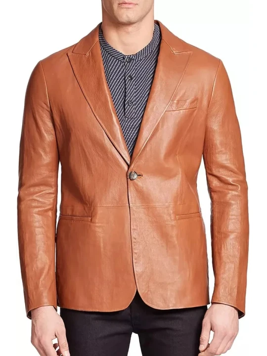 One Button Tan Leather Blazer