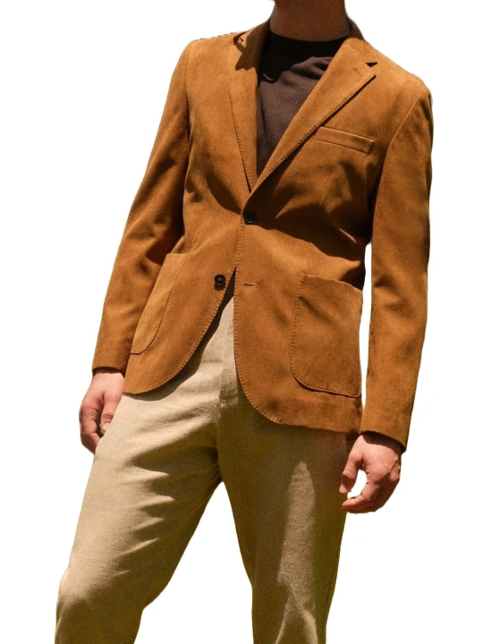 Stitched Trims Camel Suede Leather Blazer