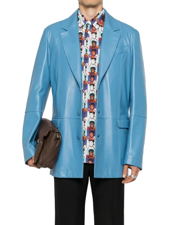Three Button Blue Leather Blazer