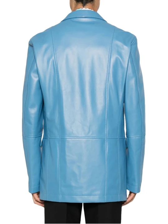 Three Button Blue Leather Blazer