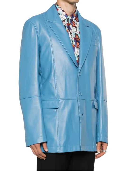 Three Button Blue Leather Blazer