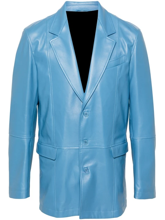 Three Button Blue Leather Blazer