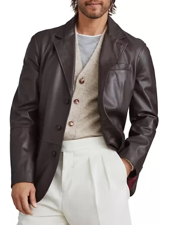 Three Button Dark Brown Leather Blazer