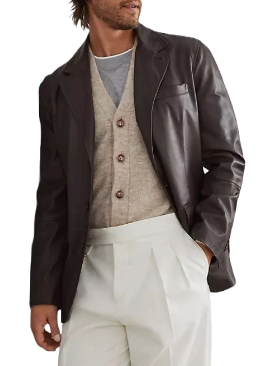 Three Button Dark Brown Leather Blazer