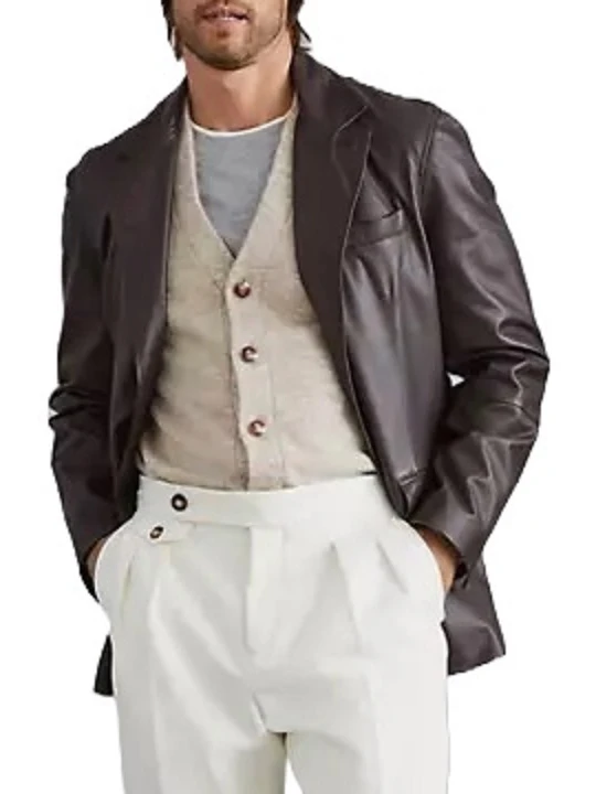 Three Button Dark Brown Leather Blazer
