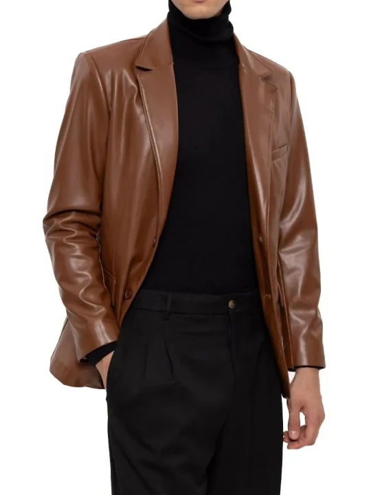 Two Button Brown Leather Blazer