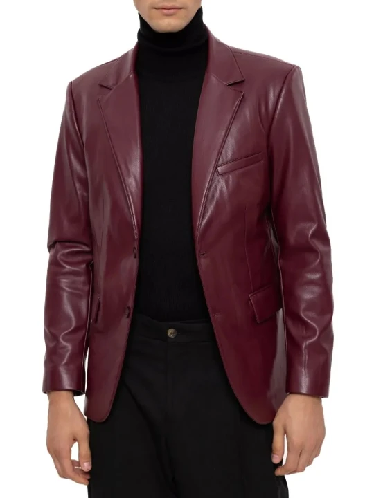 Two Button Burgundy Leather Blazer