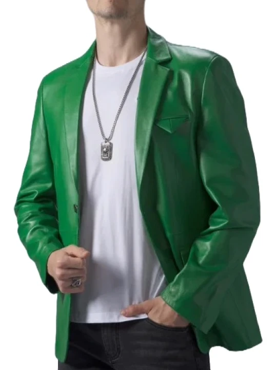 Two Button Green Leather Blazer