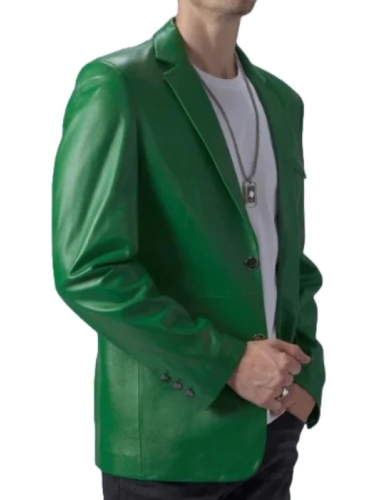 Two Button Green Leather Blazer