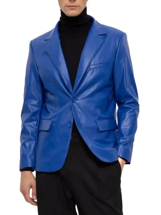 Two Button Royal Blue Leather Blazer