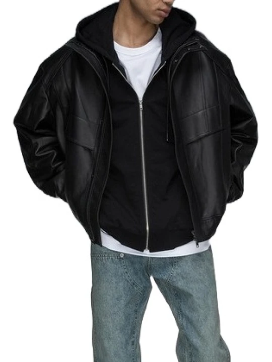 Accent Stitches Black Leather Bomber Jacket