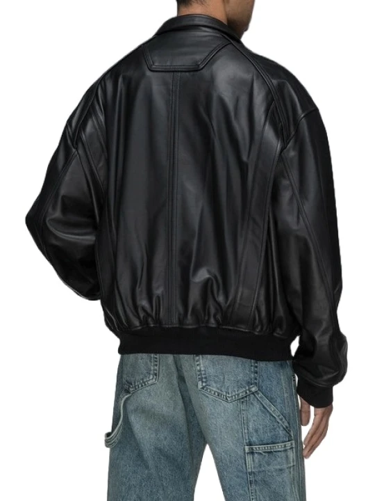 Accent Stitches Black Leather Bomber Jacket