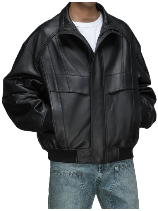 Accent Stitches Black Leather Bomber Jacket