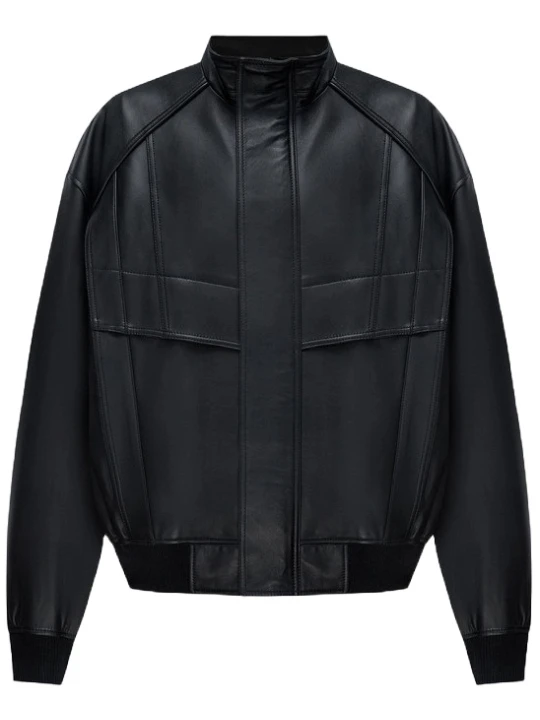 Accent Stitches Black Leather Bomber Jacket