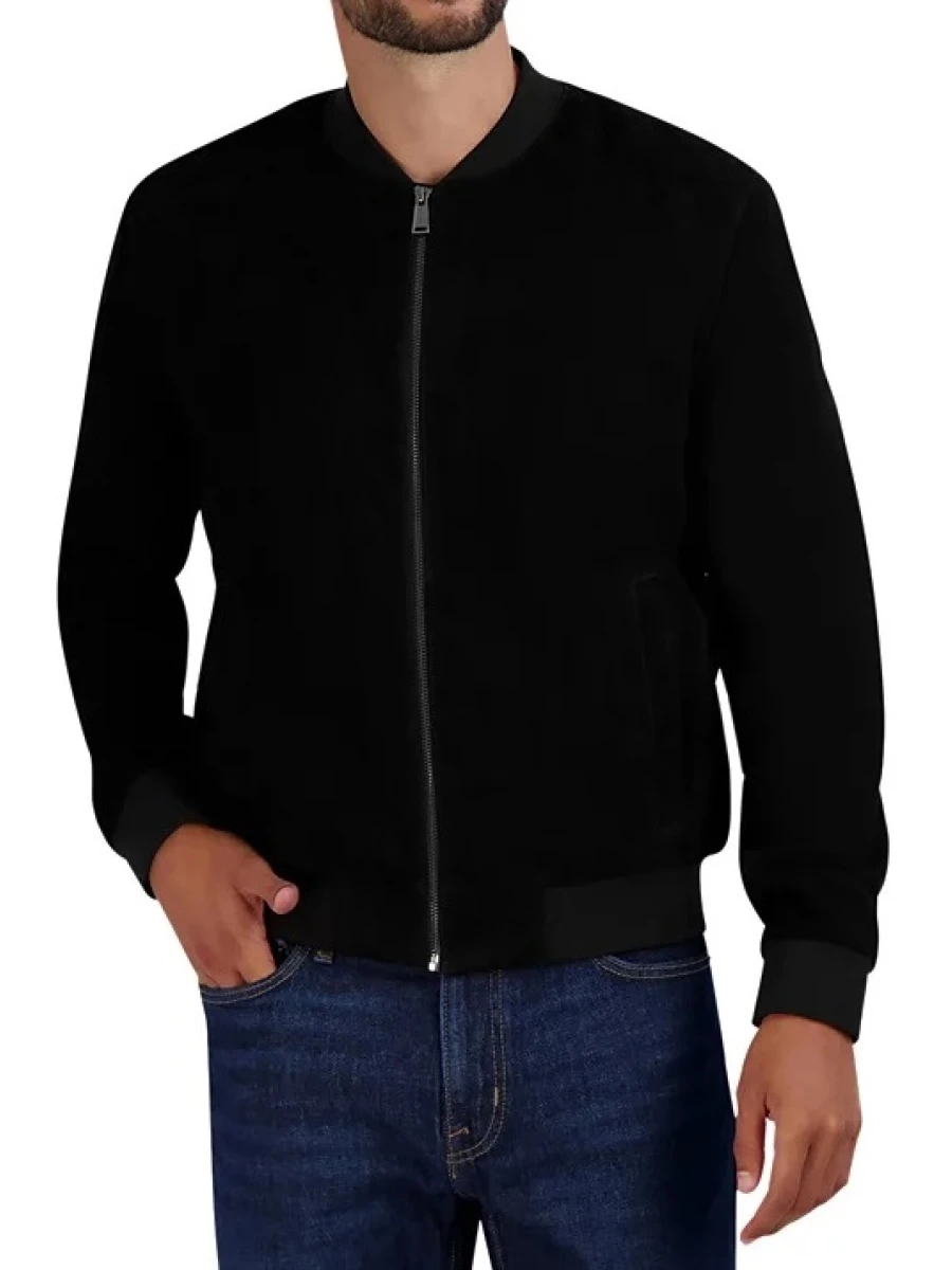 Baseball Collar Black Suede Leather Bomber Jacket