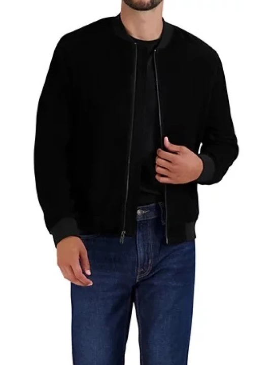 Baseball Collar Black Suede Leather Bomber Jacket