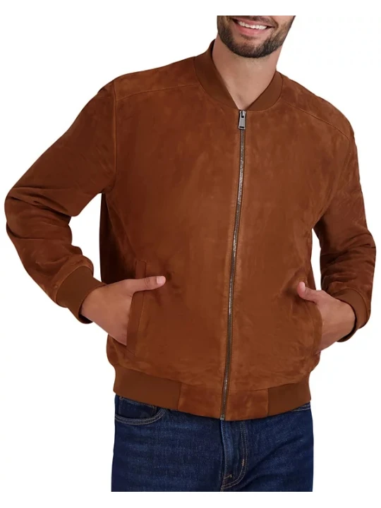 Baseball Collar Cognac Suede Leather Bomber Jacket
