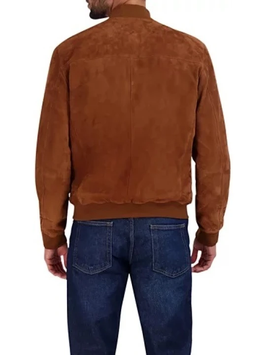 Baseball Collar Cognac Suede Leather Bomber Jacket