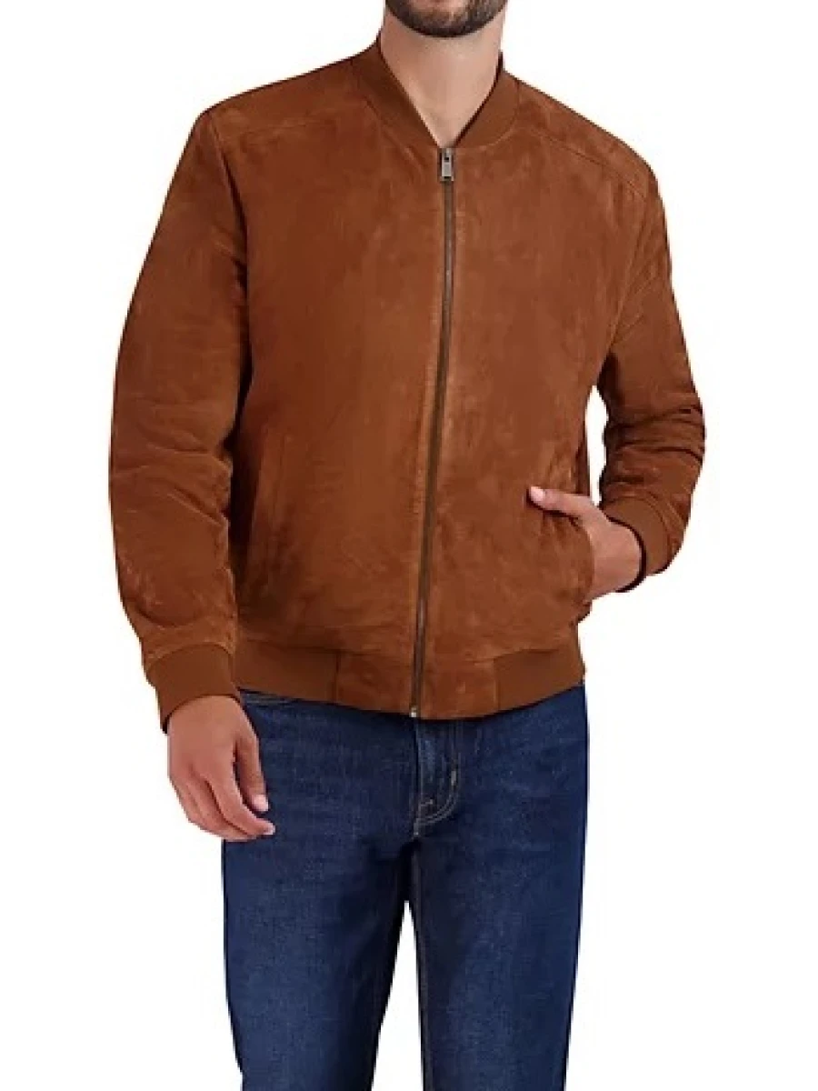 Baseball Collar Cognac Suede Leather Bomber Jacket