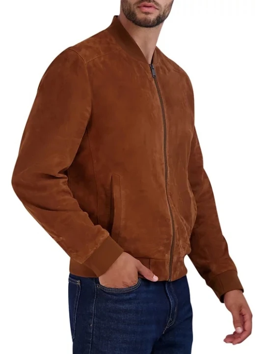 Baseball Collar Cognac Suede Leather Bomber Jacket