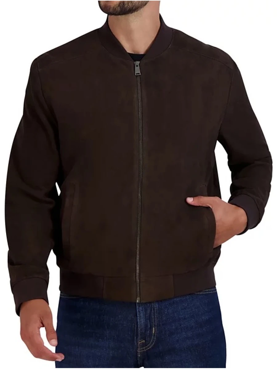 Baseball Collar Dark Chocolate Suede Leather Bomber Jacket