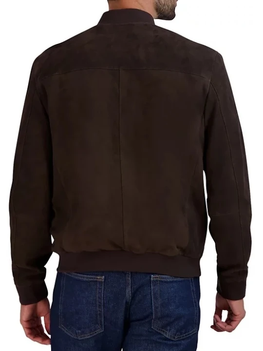 Baseball Collar Dark Chocolate Suede Leather Bomber Jacket