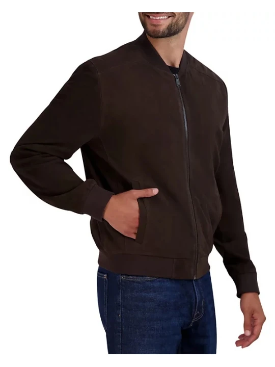 Baseball Collar Dark Chocolate Suede Leather Bomber Jacket