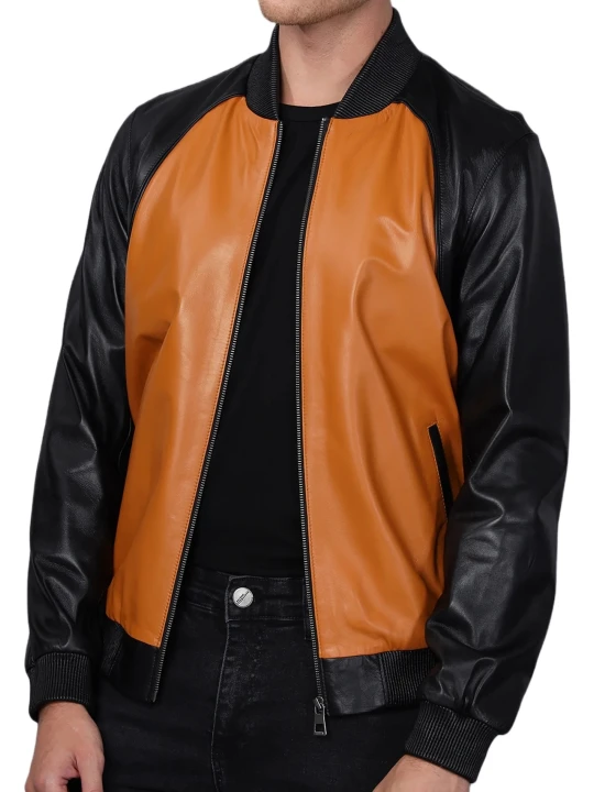 Black And Camel Bomber Leather Jacket 