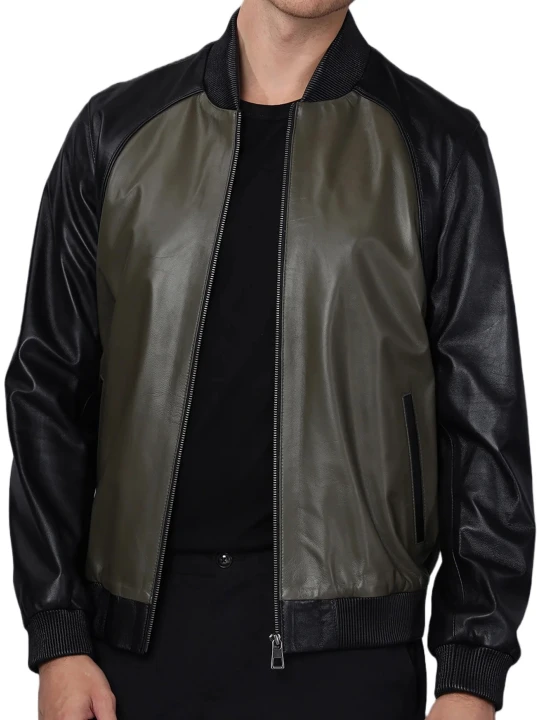 Black And Olive Green Bomber Leather Jacket 