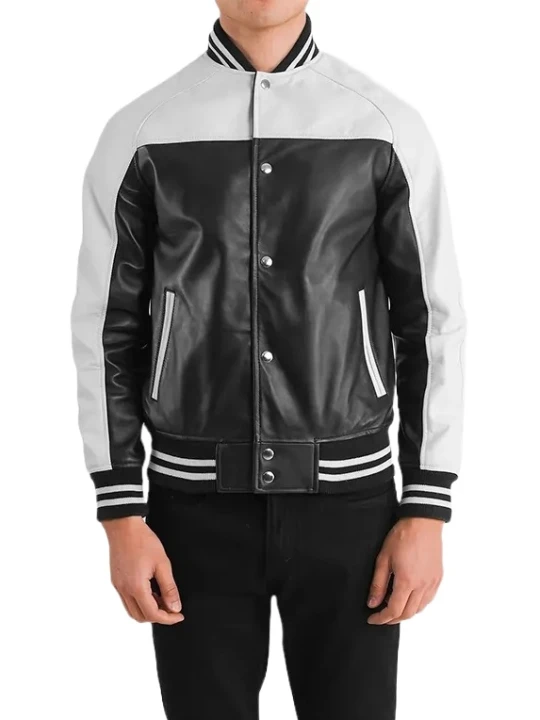 Black And White Leather Bomber Jacket