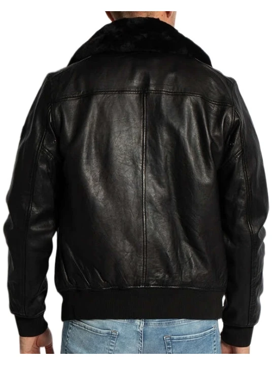 Black Button Leather Bomber Jacket