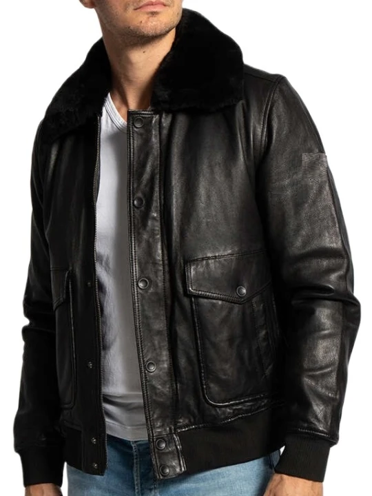 Black Button Leather Bomber Jacket