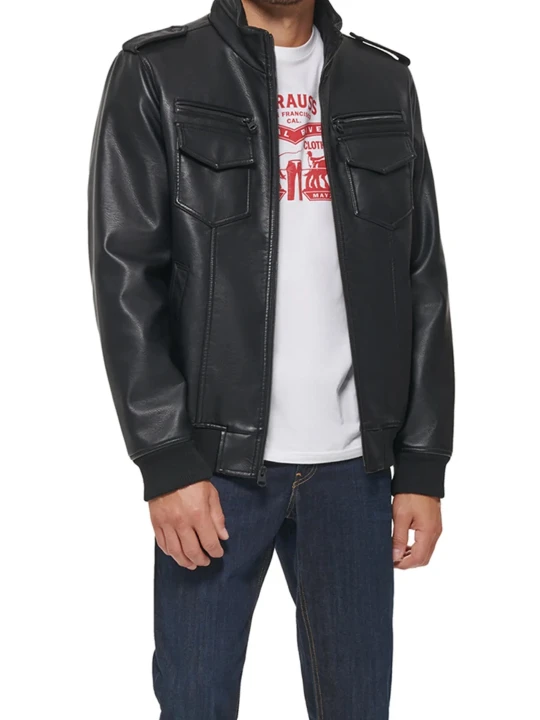 Black Leather Aviator Bomber Jacket