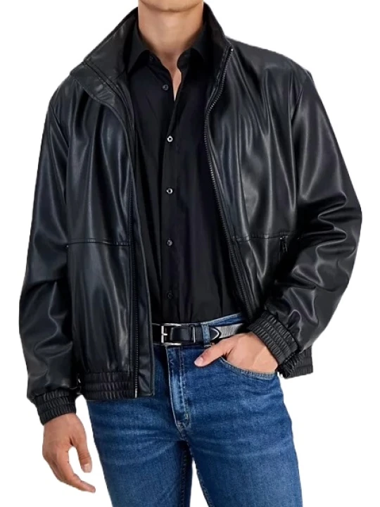 Black Leather Bomber Jacket Elasticized Hem And Cuffs