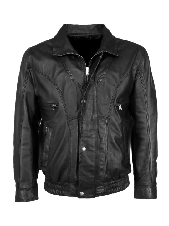 Black Leather Bomber Jacket With Collar