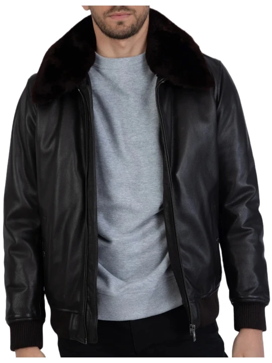 Black Leather Shearling Bomber Jacket