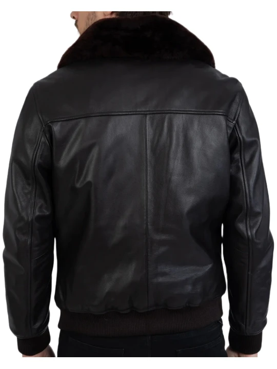 Black Leather Shearling Bomber Jacket