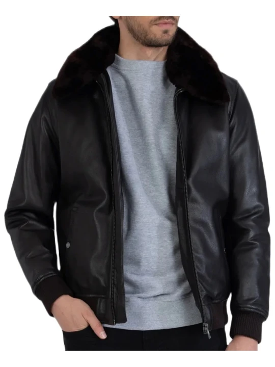Black Leather Shearling Bomber Jacket