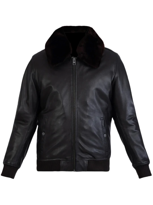 Black Leather Shearling Bomber Jacket