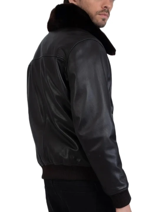 Black Leather Shearling Bomber Jacket