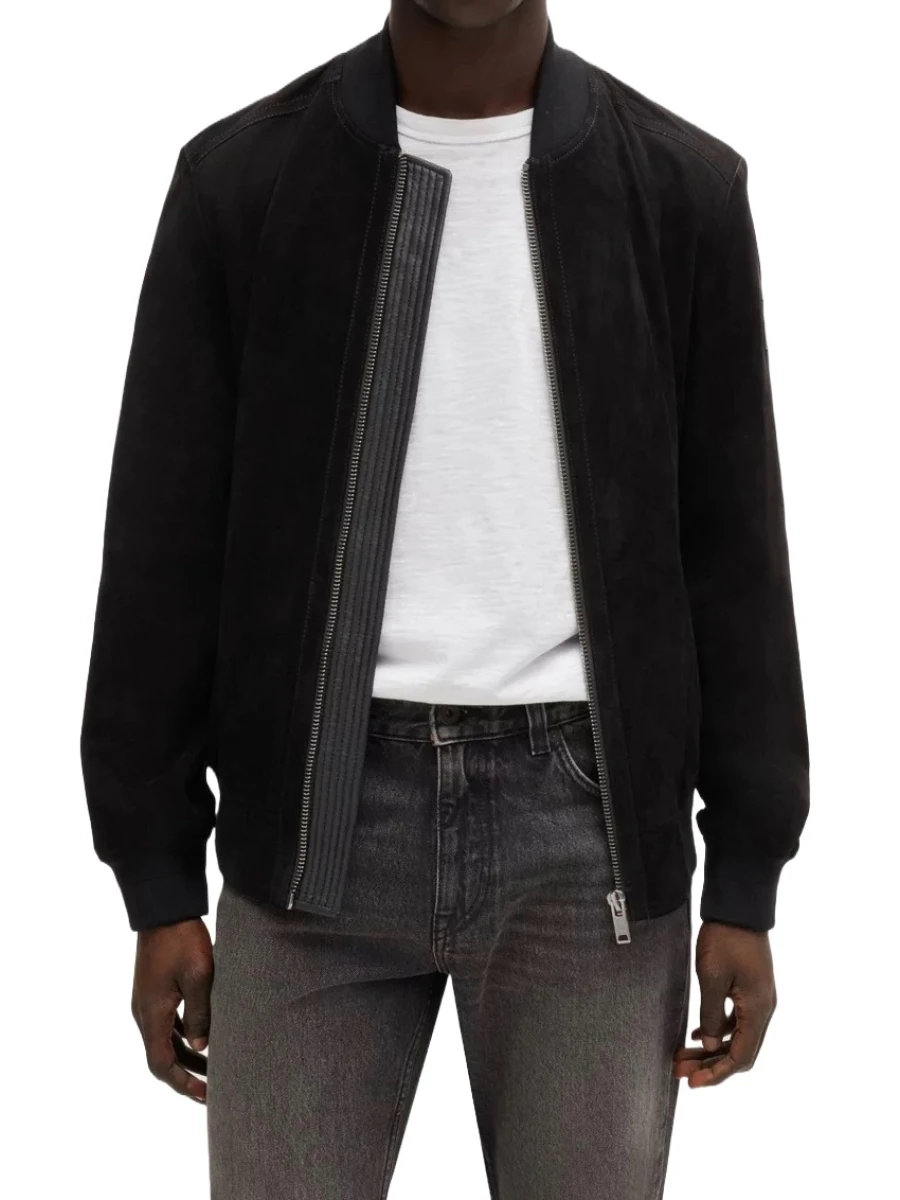 Black Suede Leather Bomber Jacket With Ribbed Trims