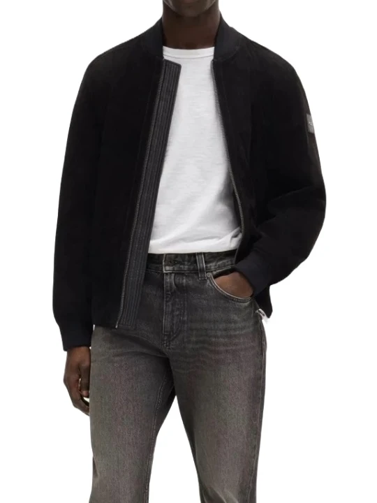 Black Suede Leather Bomber Jacket With Ribbed Trims