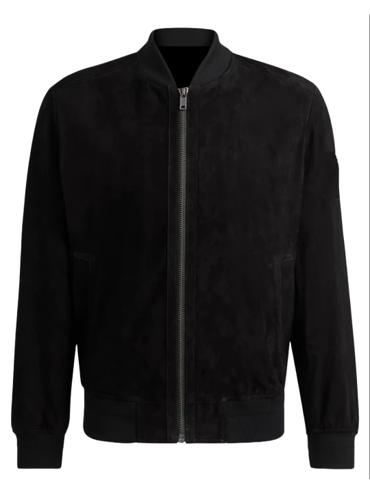 Black Suede Leather Bomber Jacket With Ribbed Trims