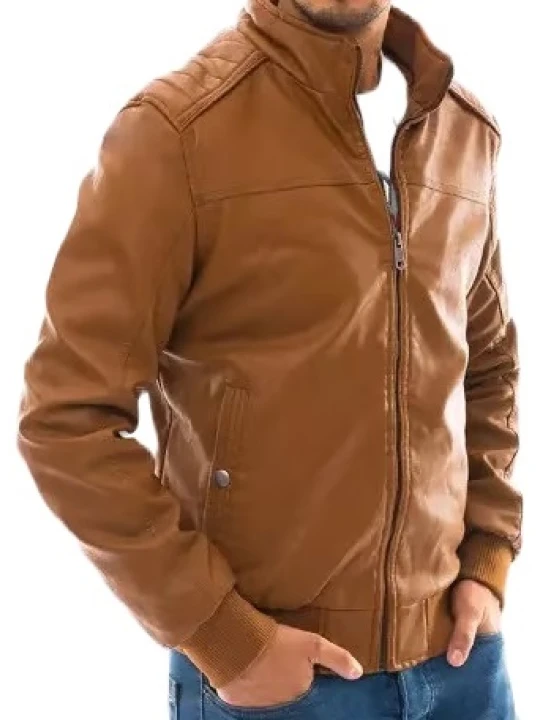 Brown Stand Up Collar Leather Bomber Jacket