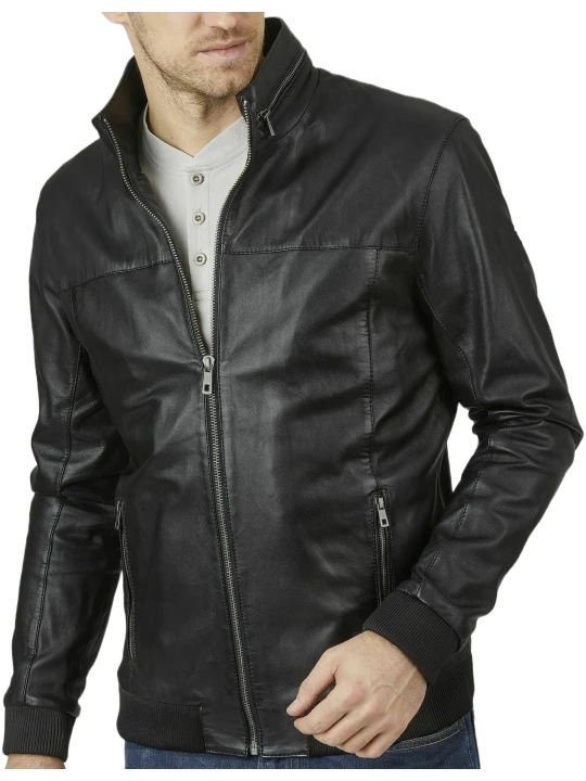 Collar Chain Black Leather Bomber Jacket