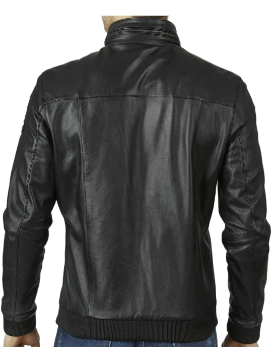 Collar Chain Black Leather Bomber Jacket