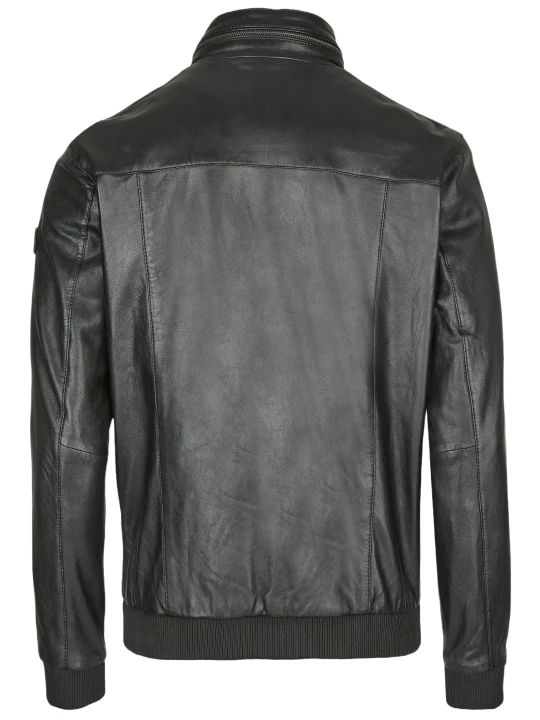 Collar Chain Black Leather Bomber Jacket