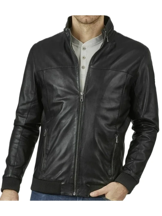 Collar Chain Black Leather Bomber Jacket