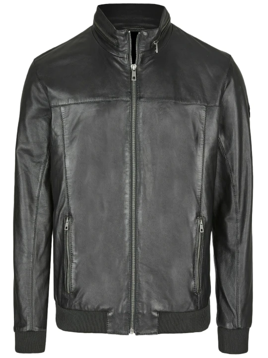 Collar Chain Black Leather Bomber Jacket