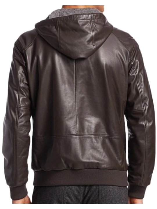 Dark Brown Hooded Bomber Leather Jacket